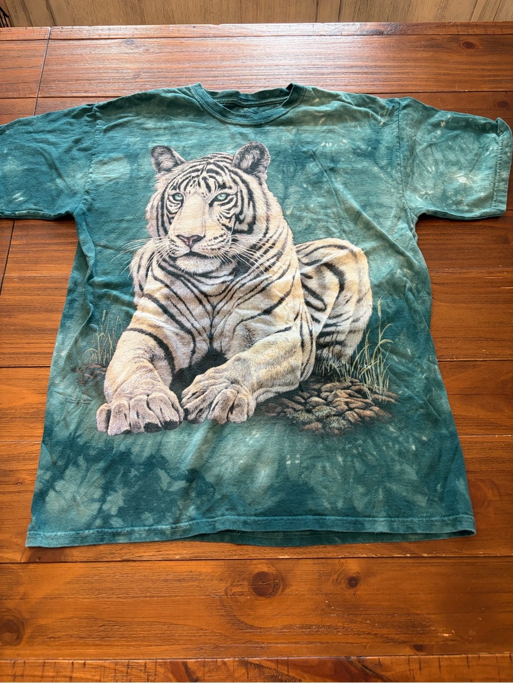The Mountain White Tiger Tie Dye Tee Y2K Teal Green Graphic Shirt 2009 L
